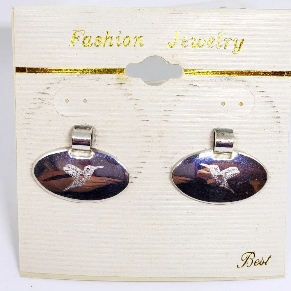 Vintage BEST Etched Hummingbird Silver Oval Pierced Earrings NOC NOS